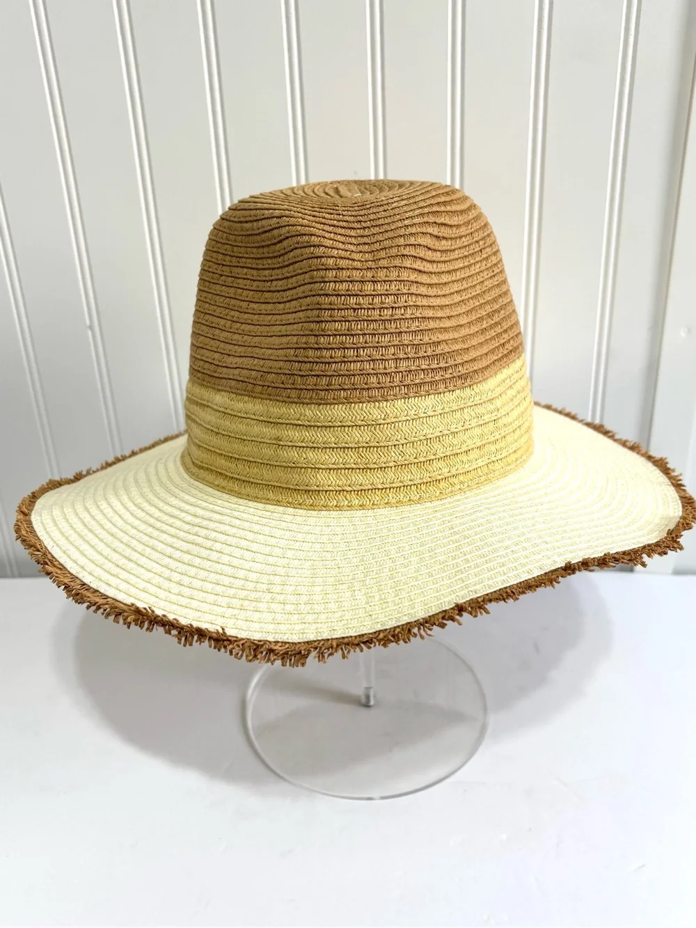Jacobson Hat Two Tone Straw Sun Hat Wide Brim Frayed Edge Beach 21.5”